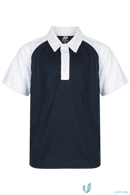 Kids polo shirt with navy blue fabric and white raglan sleeves from Manly Kids Polos