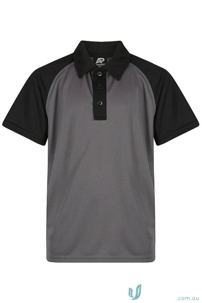Kids polo shirt with textured fabric, black collar, raglan sleeves, perfect for uniforms