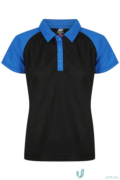 Black and blue short-sleeved polo shirt from Manly Lady Polos, perfect for uniforms and workwear
