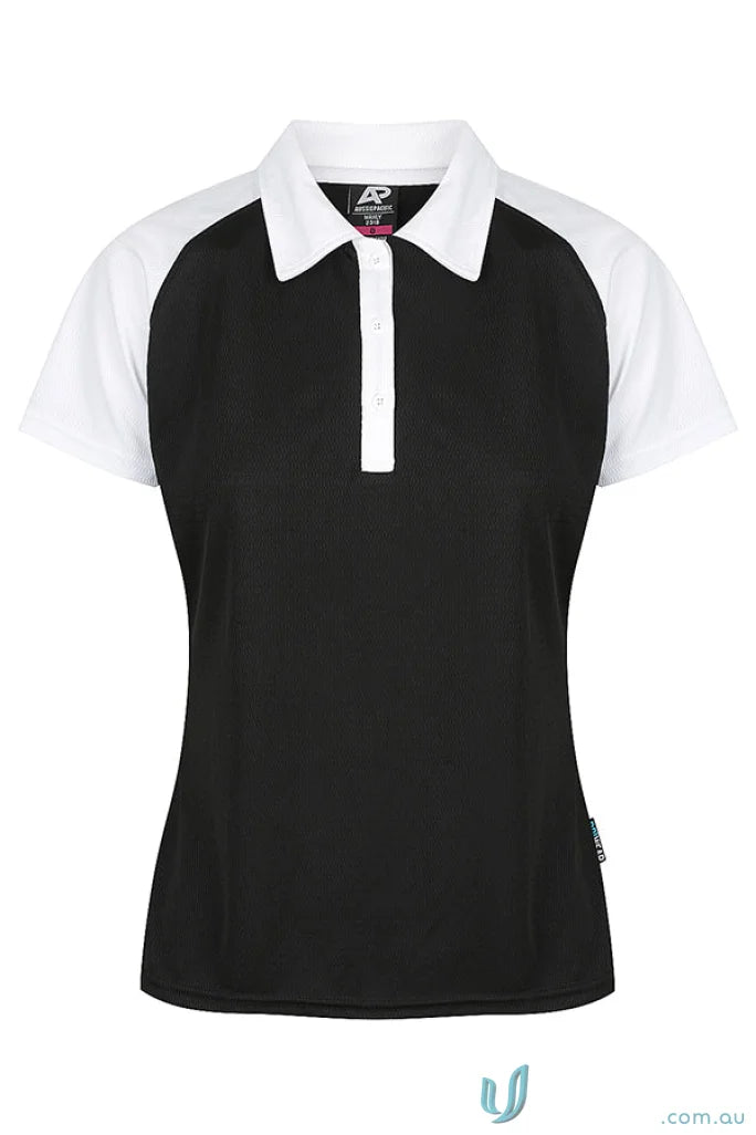 Black and white women’s polo shirt made of comfortable fabric, perfect workwear or uniforms