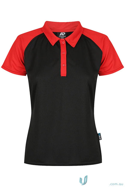 Black women’s polo shirt with red raglan sleeves and collar, perfect for workwear or uniforms