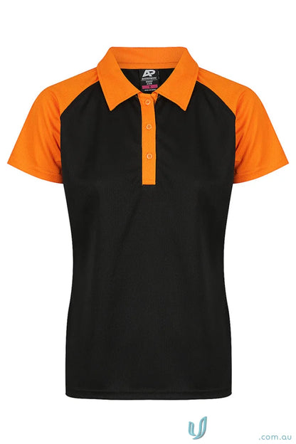 Black and orange women’s polo shirt with fabric detail, perfect for uniforms or workwear