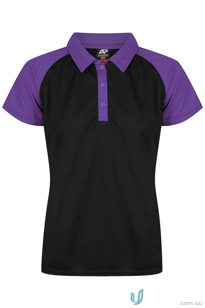 Women’s black and purple short-sleeve polo shirt made of comfy fabric for workwear or uniforms