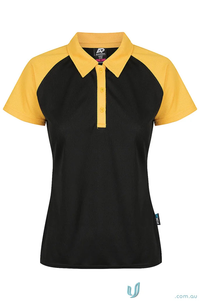 Black women’s polo shirt with yellow raglan sleeves and collar, perfect for workwear or uniforms