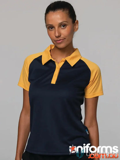 Women’s navy blue polo shirt with golden yellow raglan sleeves, perfect for workwear