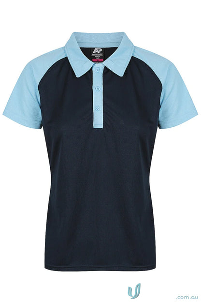 Women’s navy blue polo shirt with light blue raglan sleeves, perfect for uniforms or workwear