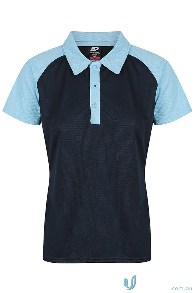 Women’s navy blue polo shirt with light blue raglan sleeves, perfect for uniforms or workwear
