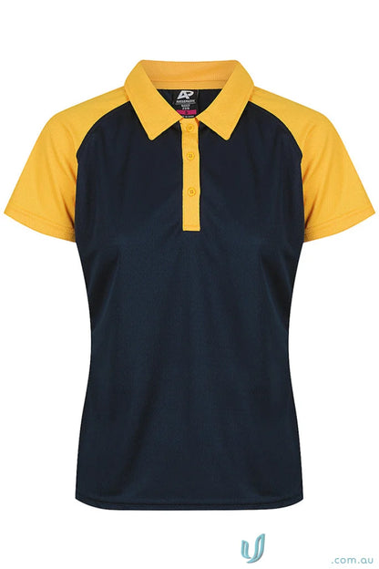 Women’s navy blue and yellow polo shirt made of comfy fabric, perfect for uniforms or workwear