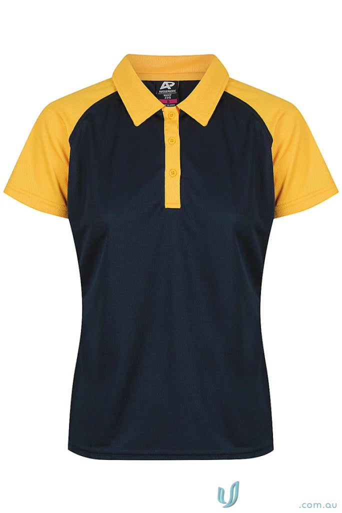 Women’s navy blue and yellow polo shirt made of comfy fabric, perfect for uniforms or workwear