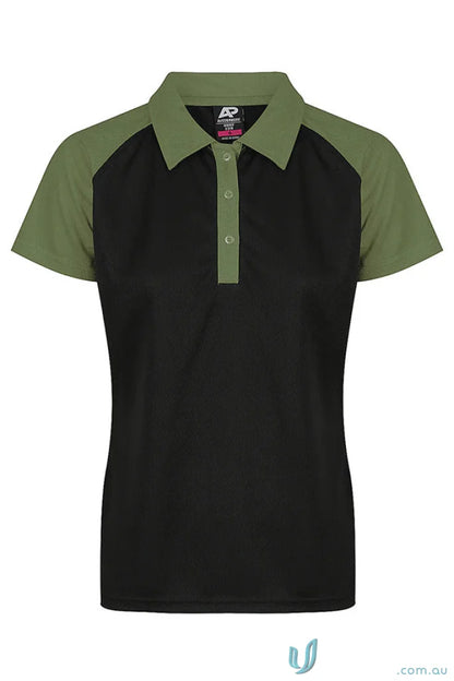 Women’s short-sleeved polo shirt with black body and olive green raglan sleeves, perfect for workwear and uniforms