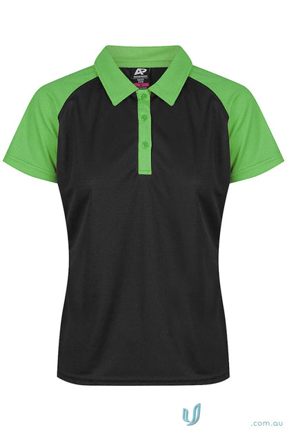 Women’s short-sleeved polo shirt with black fabric and lime green accents for uniforms