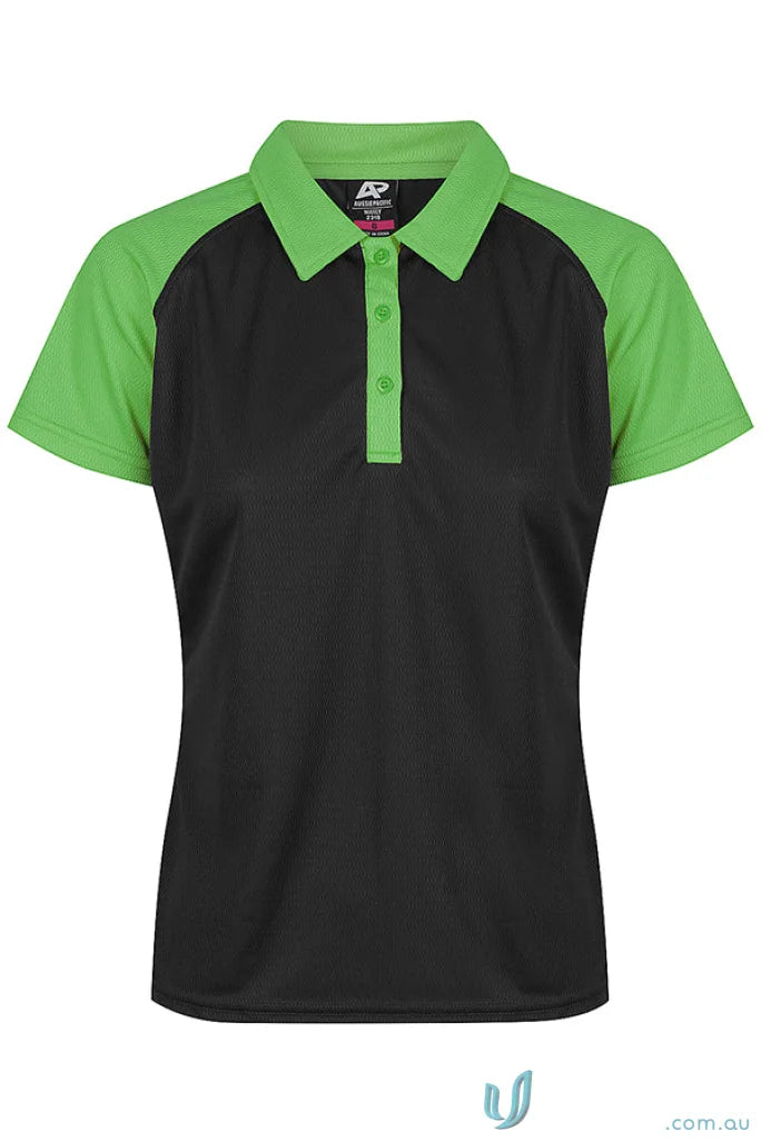 Women’s short-sleeved polo shirt with black fabric and lime green accents for uniforms