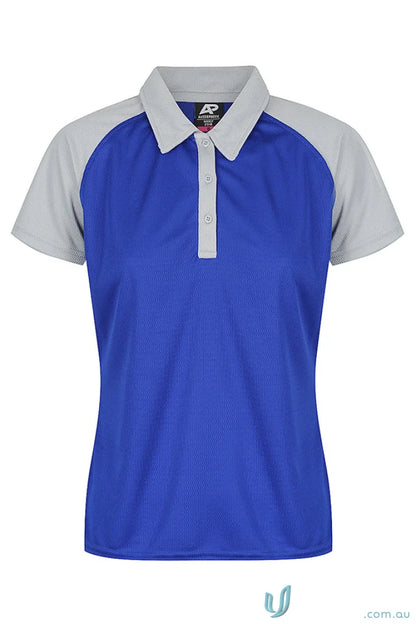 Women’s short-sleeved polo shirt with blue fabric, grey raglan sleeves, and collar for workwear