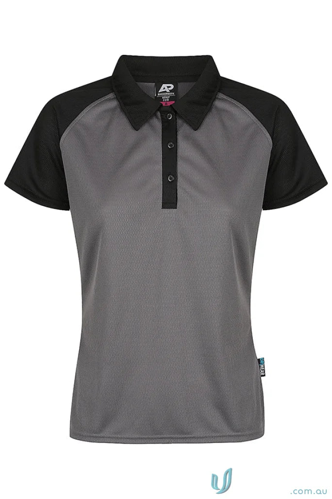 Women’s dark grey short-sleeved polo shirt with black raglan sleeves, perfect for workwear