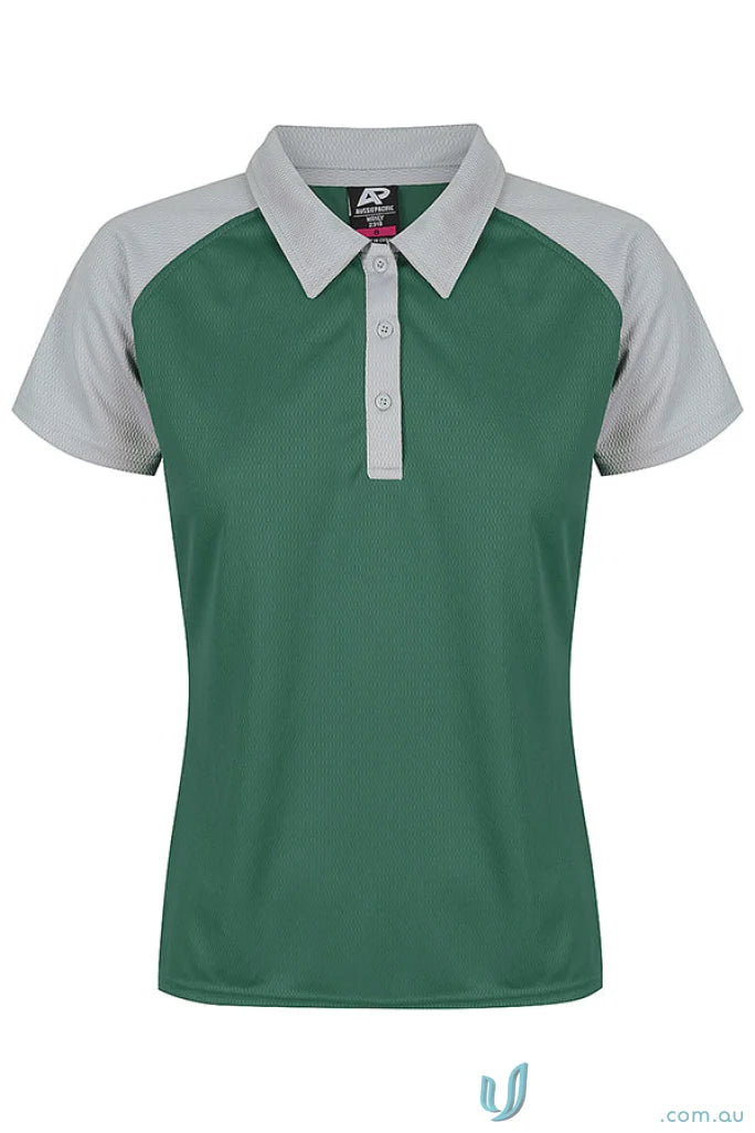 Women’s dark green polo shirt with light grey raglan sleeves, perfect for uniforms or workwear
