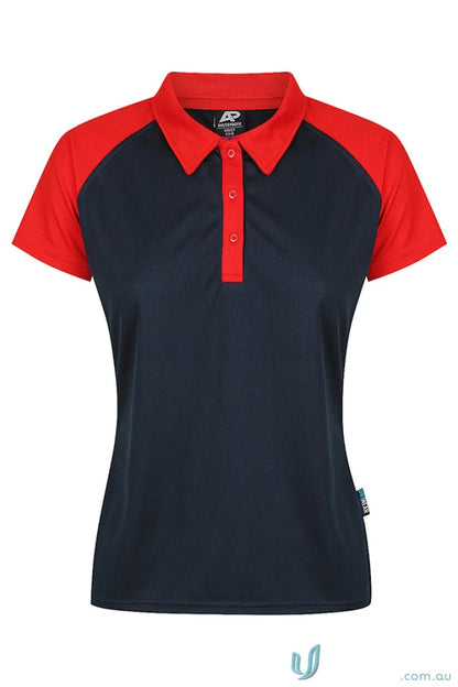 Woman wearing Manly Lady Polos navy blue and red short-sleeved workwear polo shirt