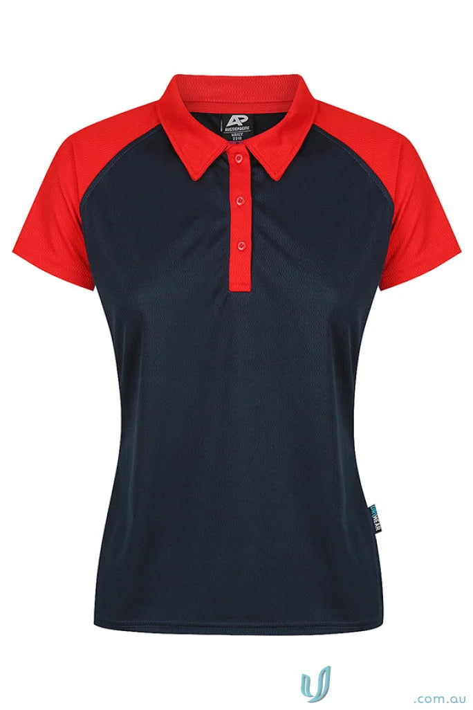 Woman wearing Manly Lady Polos navy blue and red short-sleeved workwear polo shirt