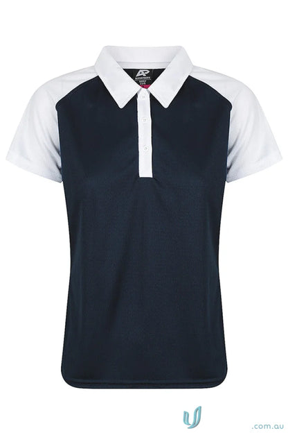 Women’s navy blue and white raglan polo shirt made of comfortable fabric, perfect for workwear or uniforms