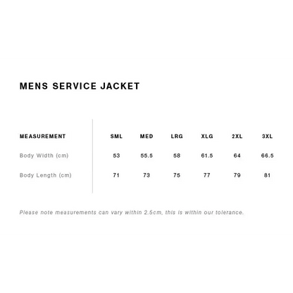 Mark Padded Jacket mens service style with black and white size chart, body width S-3XL