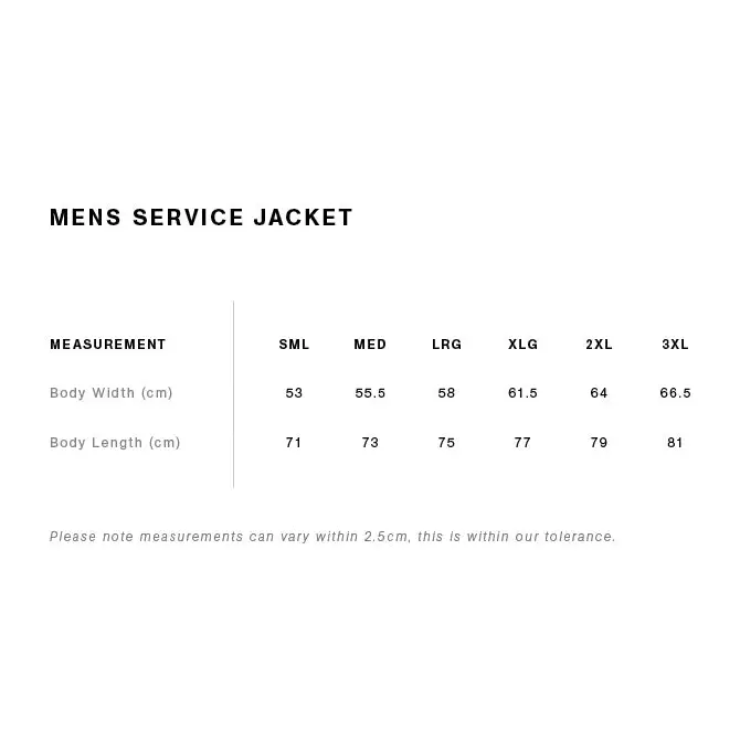 Mark Padded Jacket mens service style with black and white size chart, body width S-3XL