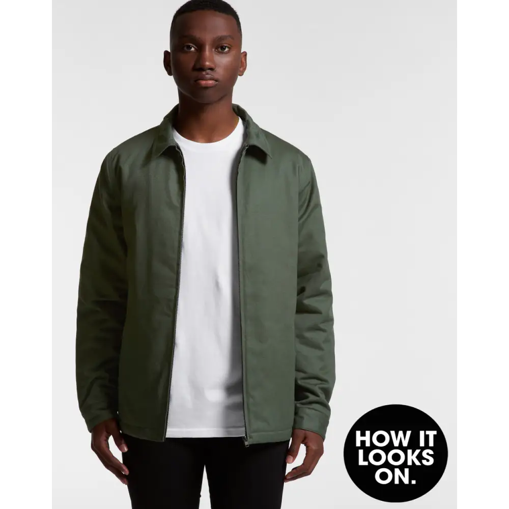 Casual olive green Mark Padded Jacket over white shirt