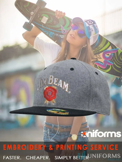 Gray Jim Beam baseball cap shown with Marl Flannel Snapback, perfect for uniforms or workwear