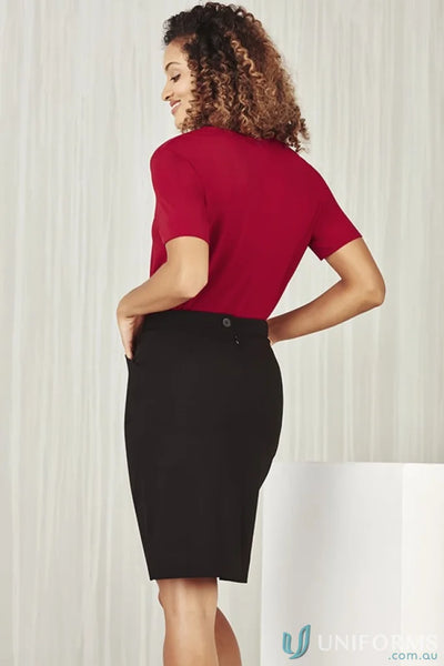 Woman in red top and black skirt wearing Bizcare Marley Short Sleeve Jersey T-Top CS952LS