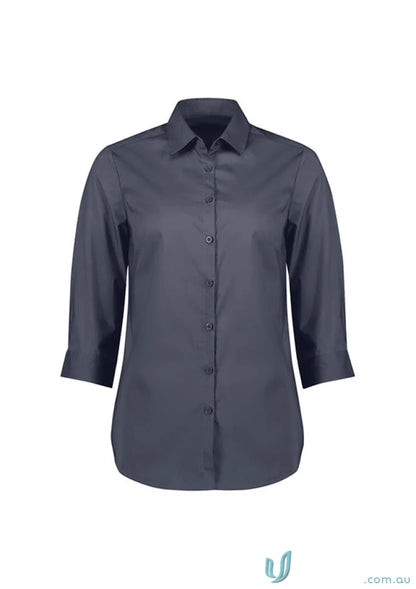 Gray button-down shirt from Mason Ladies 3Q Shirt, perfect for uniforms with longer length