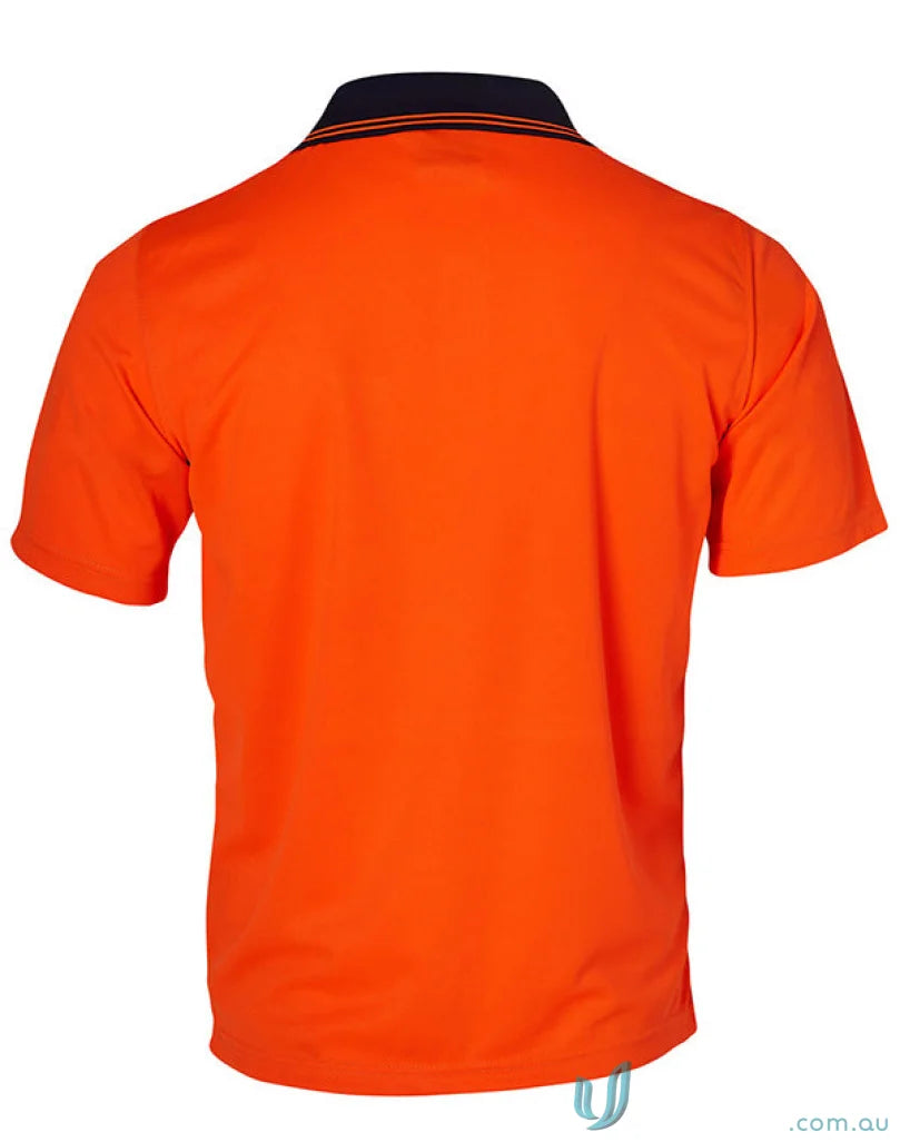 Orange polo shirt with navy collar from 100 MOQ Embroidered Safety Polos includes embroidery