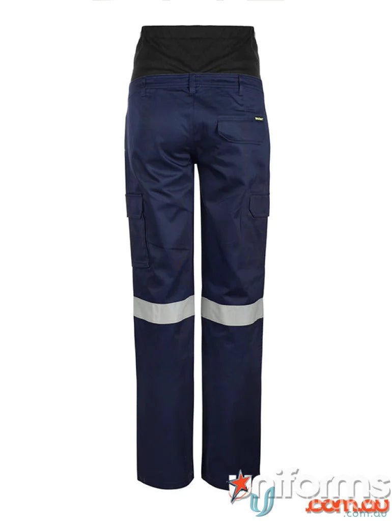 Navy blue maternity cargo trousers with reinforced stress points and reflective stripes