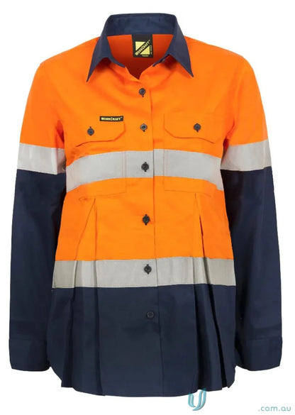 Orange and navy high-vis women working shirt with 50-wash reflective tape CSR vis shirt