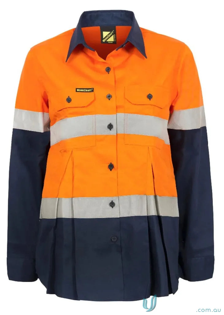 Orange and navy high-vis women working shirt with 50-wash reflective tape CSR vis shirt
