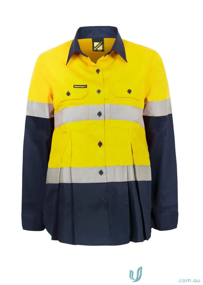 Yellow and navy blue women working hi-vis shirt with CSR tape and 50-wash reflective tape