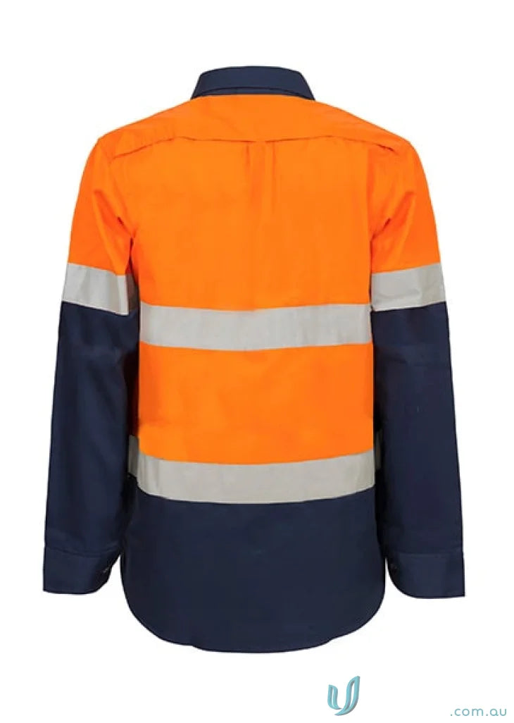 Orange and navy blue maternity hi vis shirt with CSR tape for women working safety