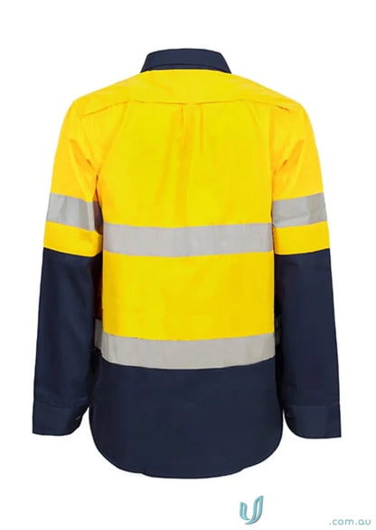 Yellow and blue women working HI VIS shirt CSR tape with 50-wash reflective tape