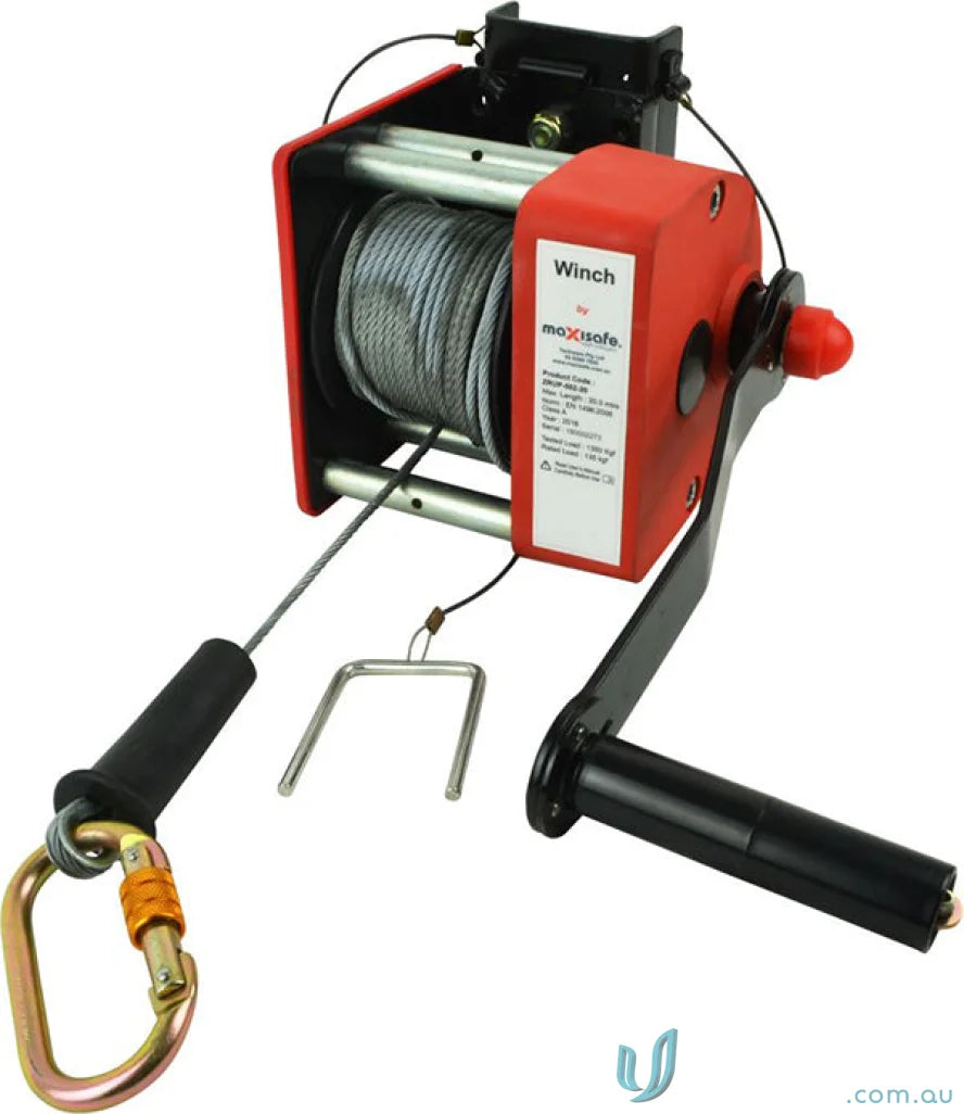 Red and black Maxisafe 20m tripod winch with pulley, cable, carabiner, and mounting bracket for workwear setups