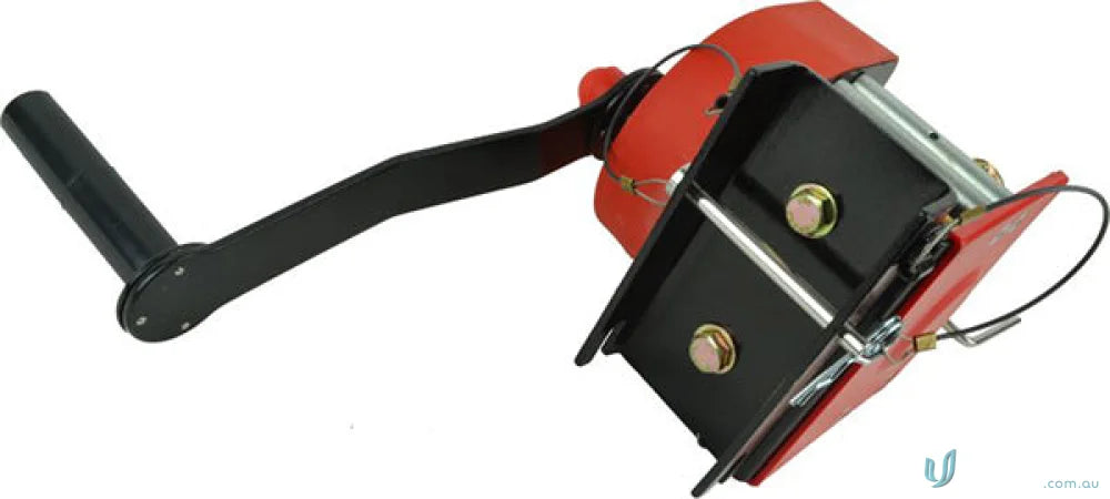 Red and black hand-cranked tripod winch with mounting bracket for workwear setups