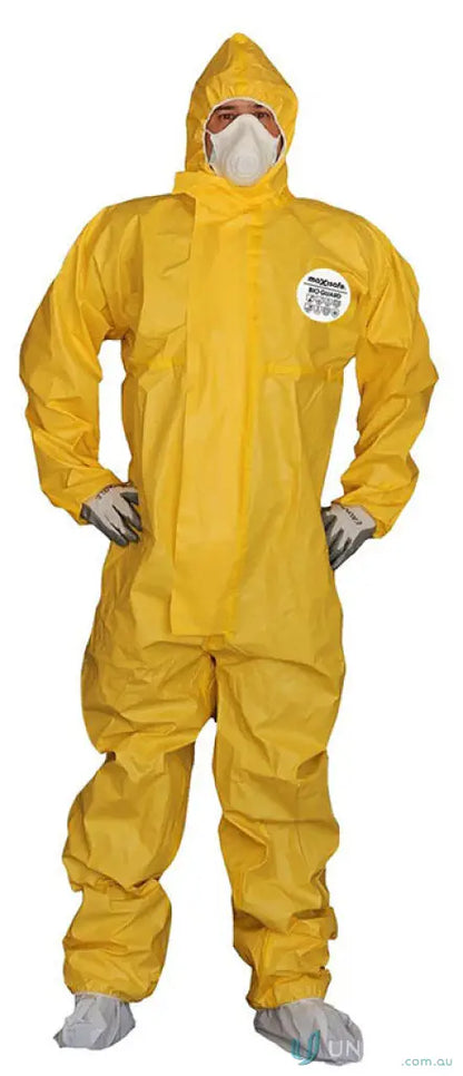 Yellow hooded hazmat suit from Maxisafe Bioguard Type 3/4/5/6 Coverall for safety