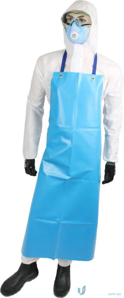 Person in protective workwear wearing Maxisafe Blue PVC Apron for safety and cleanliness