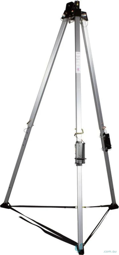 Silver aluminum confined space entry tripod with winch and retrieval inertia reel