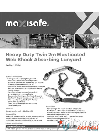 Heavy-duty twin elasticated web shock-absorbing lanyard with scaffold hooks for workwear