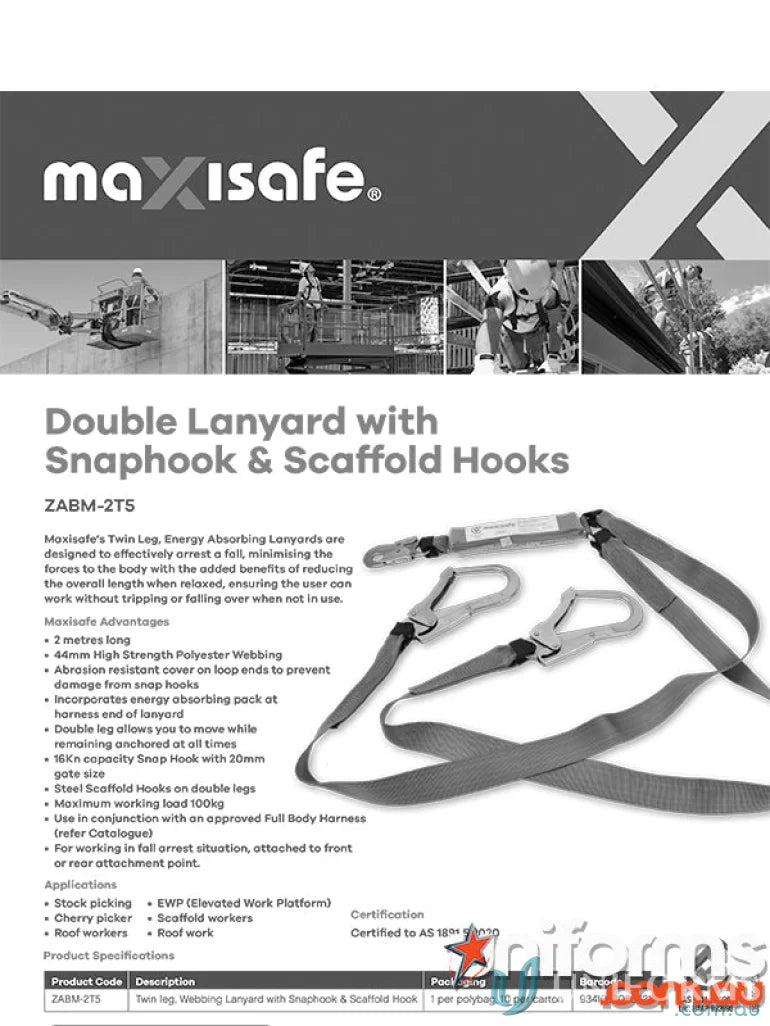 Maxisafe Double Lanyard with Snaphook & Scaffold Hook for energy absorbing safety