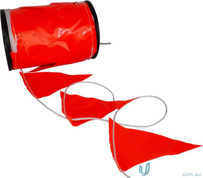 Roll of orange pennant flags for workwear or uniforms, on Maxisafe bunting reel
