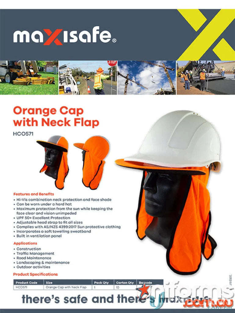 Maxisafe Orange Cap with Neck Flap for protection and workwear uniforms