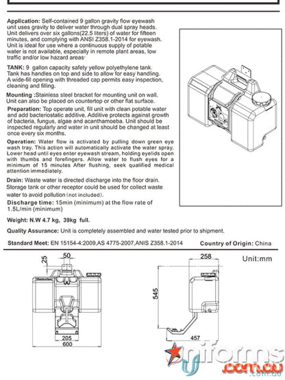Maxisafe Portable Eye Wash Station 35 ltr with water flow specs for workwear safety