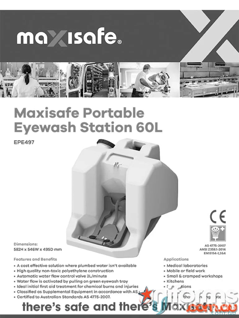 Maxisafe Portable Eye Wash Station 60 ltr with water flow for uniforms and workwear safety