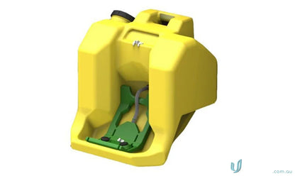 Yellow portable eyewash station ideal for workplaces with workwear and water flow safety