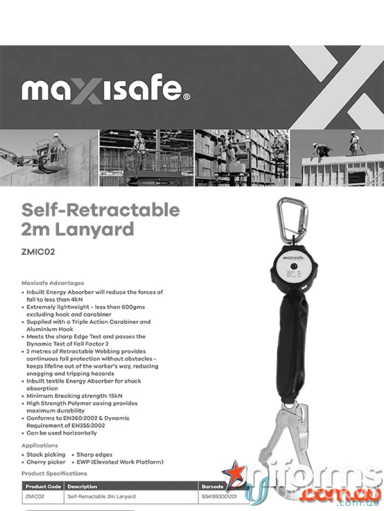 Maxisafe Self Retractable 2M lanyard with energy absorber for workwear and uniforms