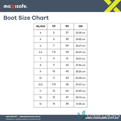 Boot size conversion chart for Maxisafe Shova Non-Safety Gumboots in workwear and uniforms