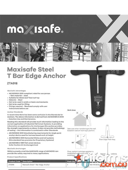 Maxisafe Steel T Bar Edge Anchor compliant with NZS1891 standards for steel systems